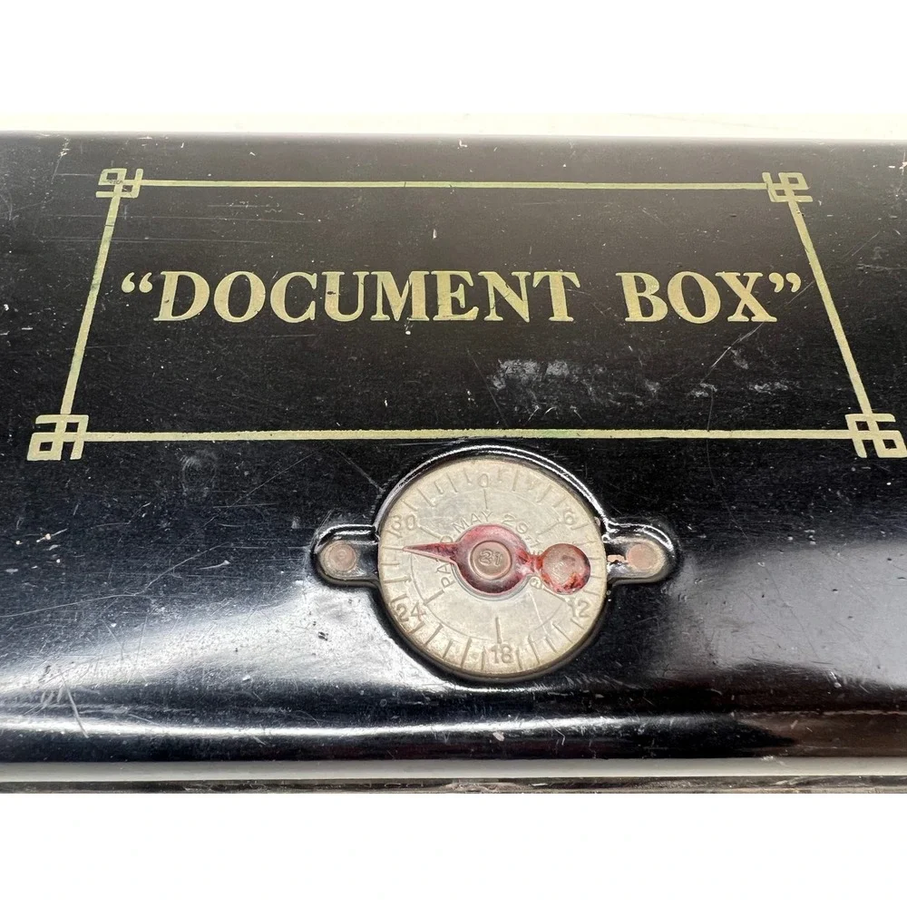 Vintage Black Tin Metal Document Box Combination Lock Money Safe Storage Chest